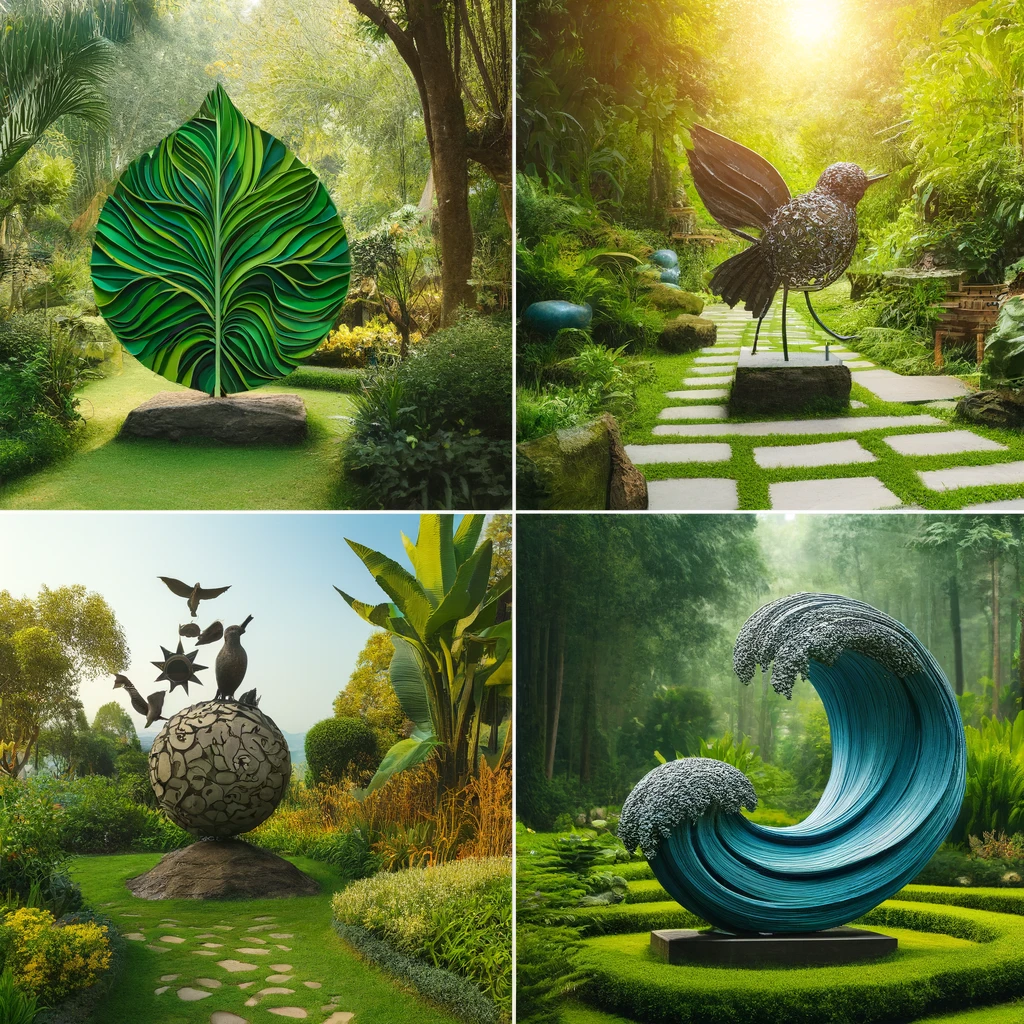 DALL·E 2024-04-17 19.15.59 - A series of four different environmentally-friendly sculptures in diverse garden settings, each showcasing sustainable and artistic design. The sculpt